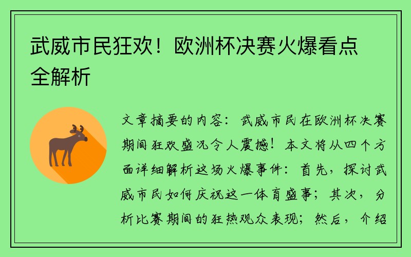 武威市民狂欢！欧洲杯决赛火爆看点全解析